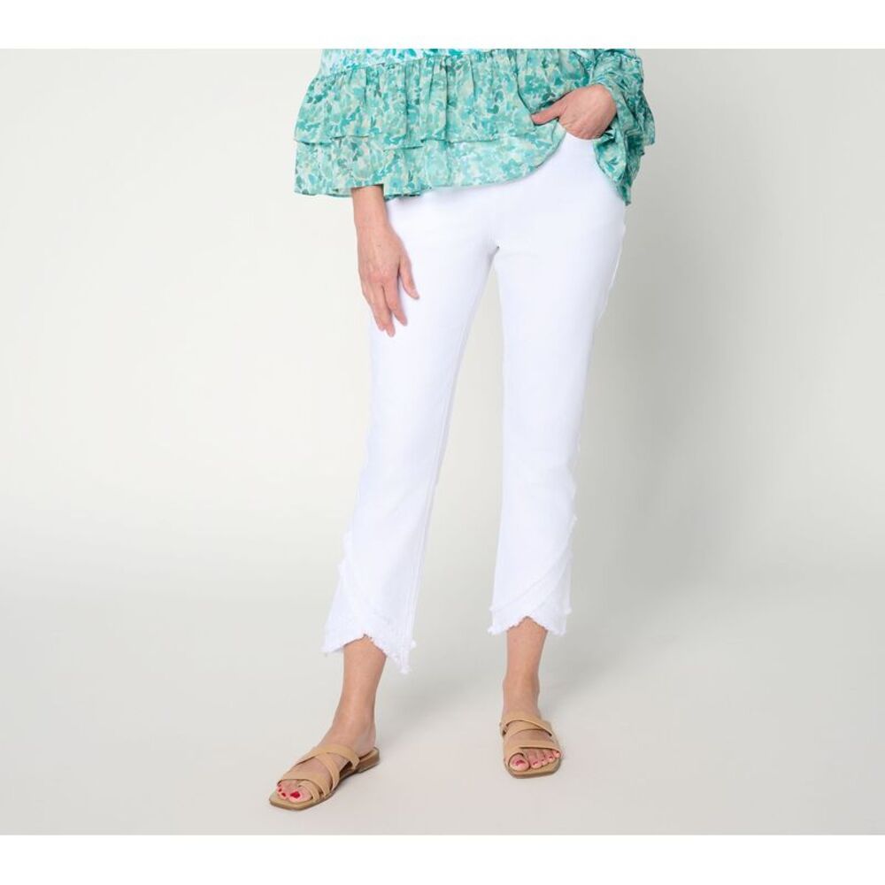 Susan Graver Women's Petite Pants 16P Denim Slim Leg Jean Tulip Hem White